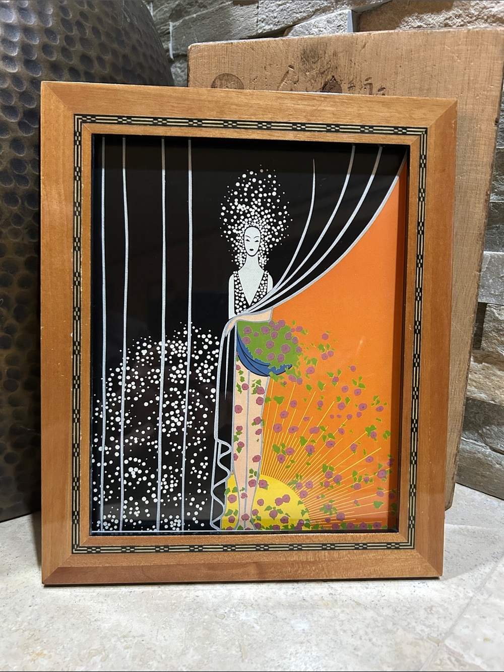 ERTE Vintage Book Print- “Printemps” in a vintage Inlaid Wood Frame
